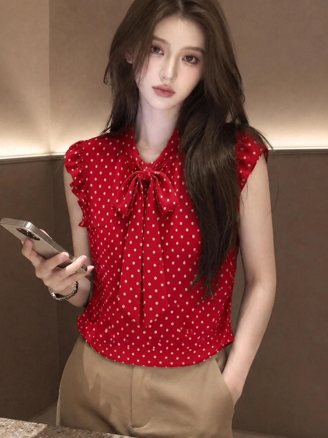 

Sweet Bowtie Polka Dot Sleeveless Shirt Summer Slimming Versatile High End Feeling White Enhancing Straight Cut Women's Top