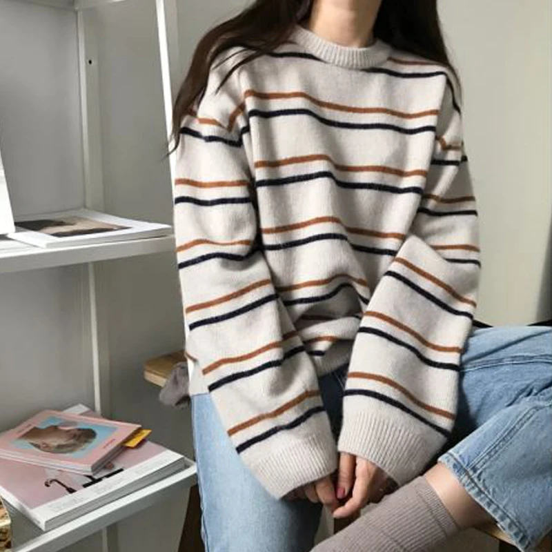 ITOOLIN Otoño e Invierno nueva moda coreana estudiante Casual suéter a rayas suelto cuello redondo tejido mujer suéter