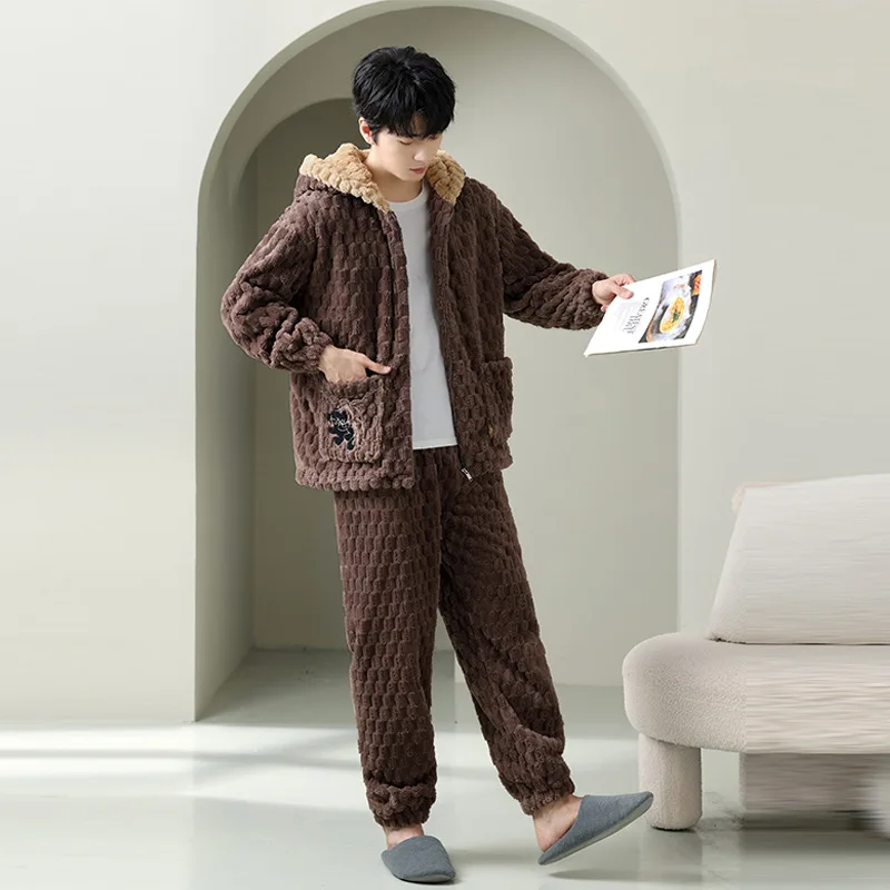 Autumn and winter men's pajamas coral fleece fleece thickened flannel hooded models can be worn outside loungewear zipper set