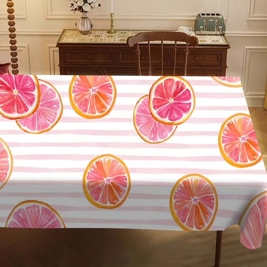 2D Pink-Orange Fresh Fruit Style Tablecloth with Pink Striped Background and Pink Grapefruit Pattern, Machine Washable Polyester Tablecloth, Multiple Sizes Available, Suitable for Kitchen Dining Tables, Restaurants, Coffee Tables, Outdoor Party