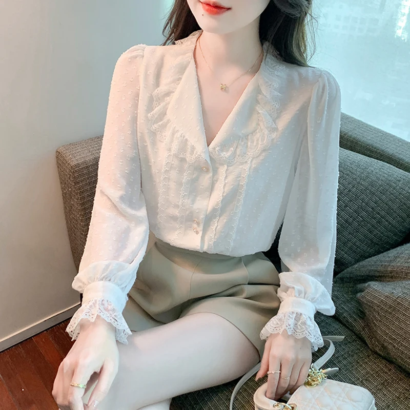 QOERLIN Lapel Collar Single-Breasted Lace Shirts Women Autumn Spring Long Sleeve Flare Sleeve Blouse Buttons Tops Shirts Female