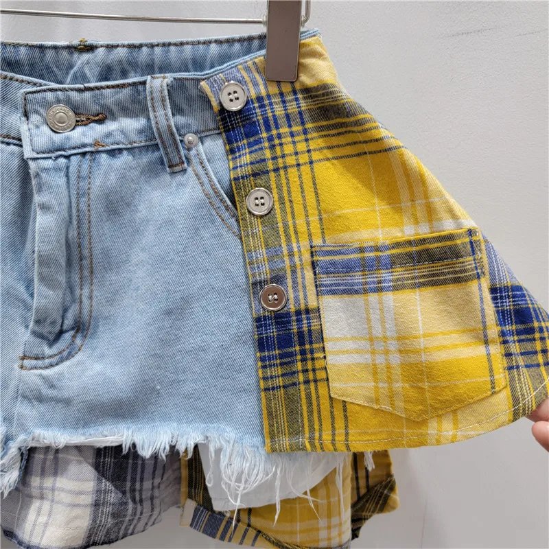 Irregular Short Skirt Women 2024 Spring Summer Checks Stitching High Waist A- Line Denim Skirt Korean Fashion Clothing