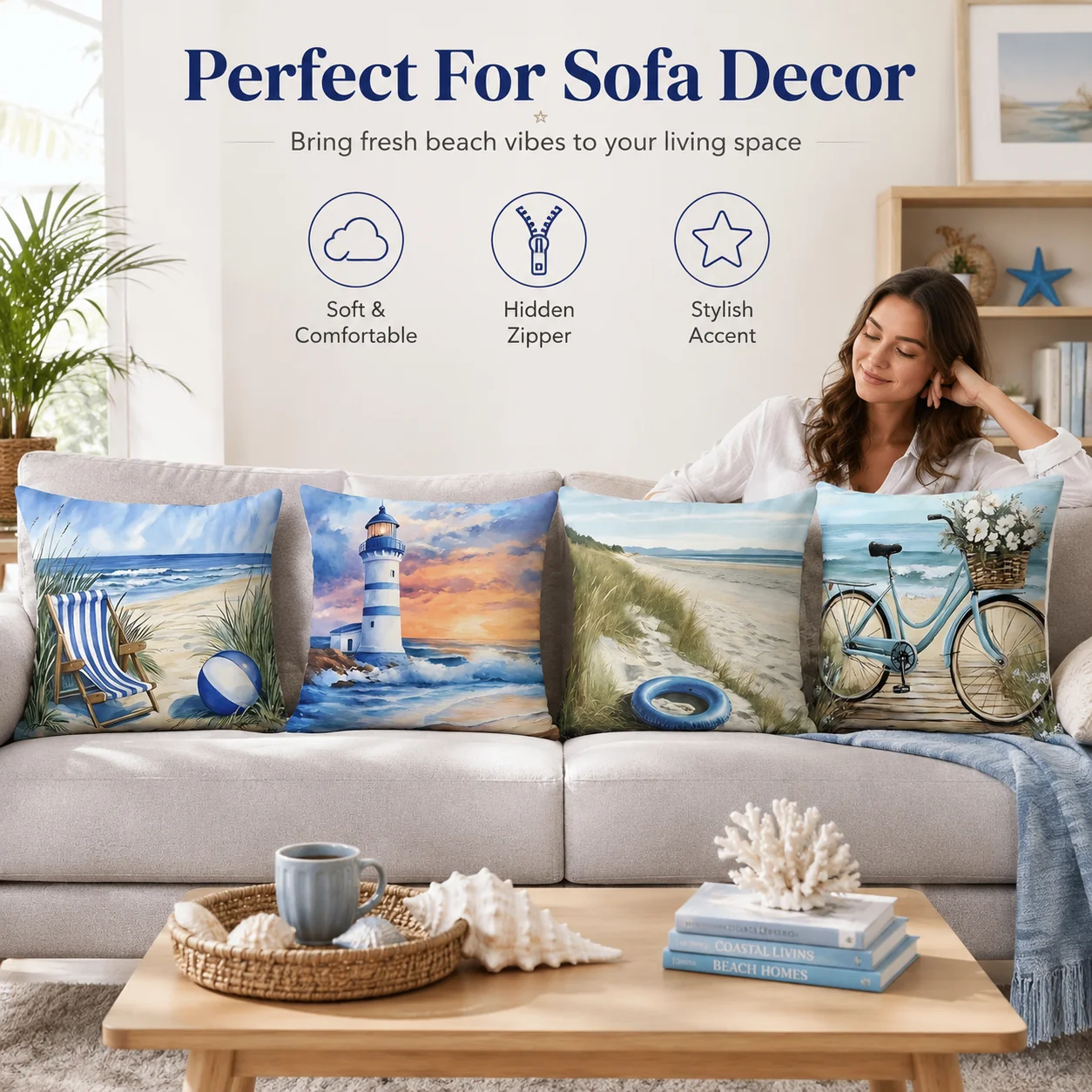 4 Pcs Coastal Cushion Covers 2D Flat Printed Peach Skin Beach Ocean Scene Coussin Summer Room Decor For Living Room Sofa Bed