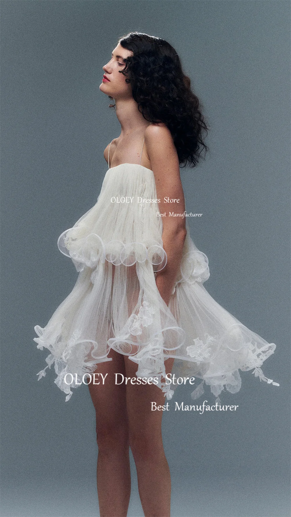 OLOEY Spaghetti Straps Soft Tulle Layered Short Wedding Dress Korea Photoshoot Fairy Bridal Gown Party Evening Dress Custom Made