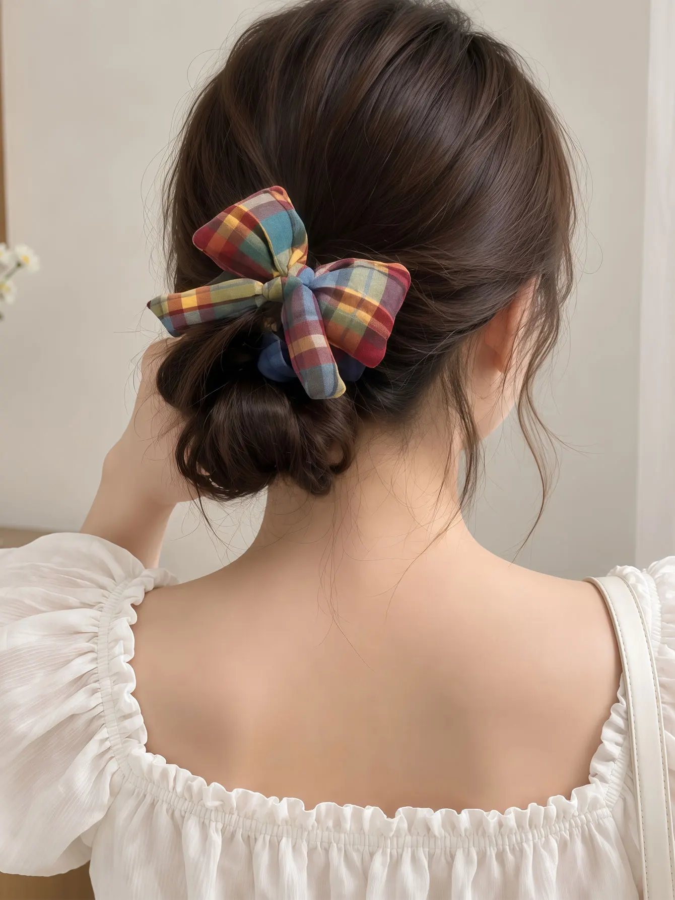 5PCS  2026 New Style Fashion-Comfy Rainbow Checkered Bowknot Big Hairpin for Ponytail Headband with High Elasticity Headwear