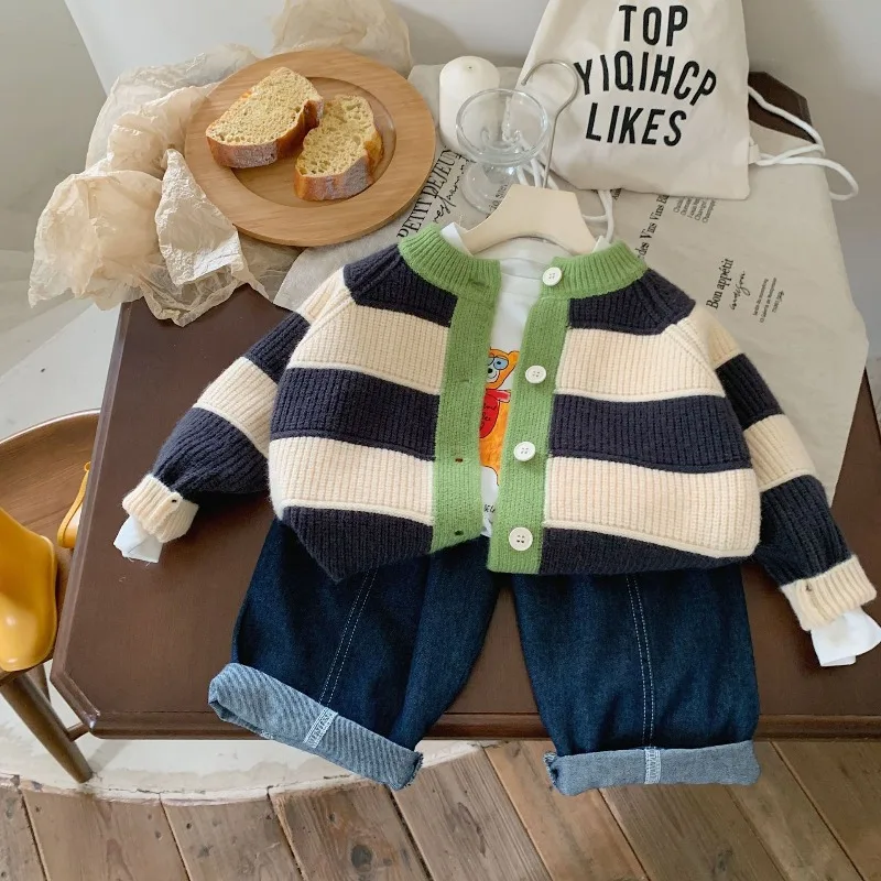 UNITIM Herbst Winter Kinder Jungen Pullover 2-8 Jahre Kinder Jungen Kontrast-Streifen Strickjacke Jacquard V-Ausschnitt Kleinkind Jungen Strickmantel – Detail 8