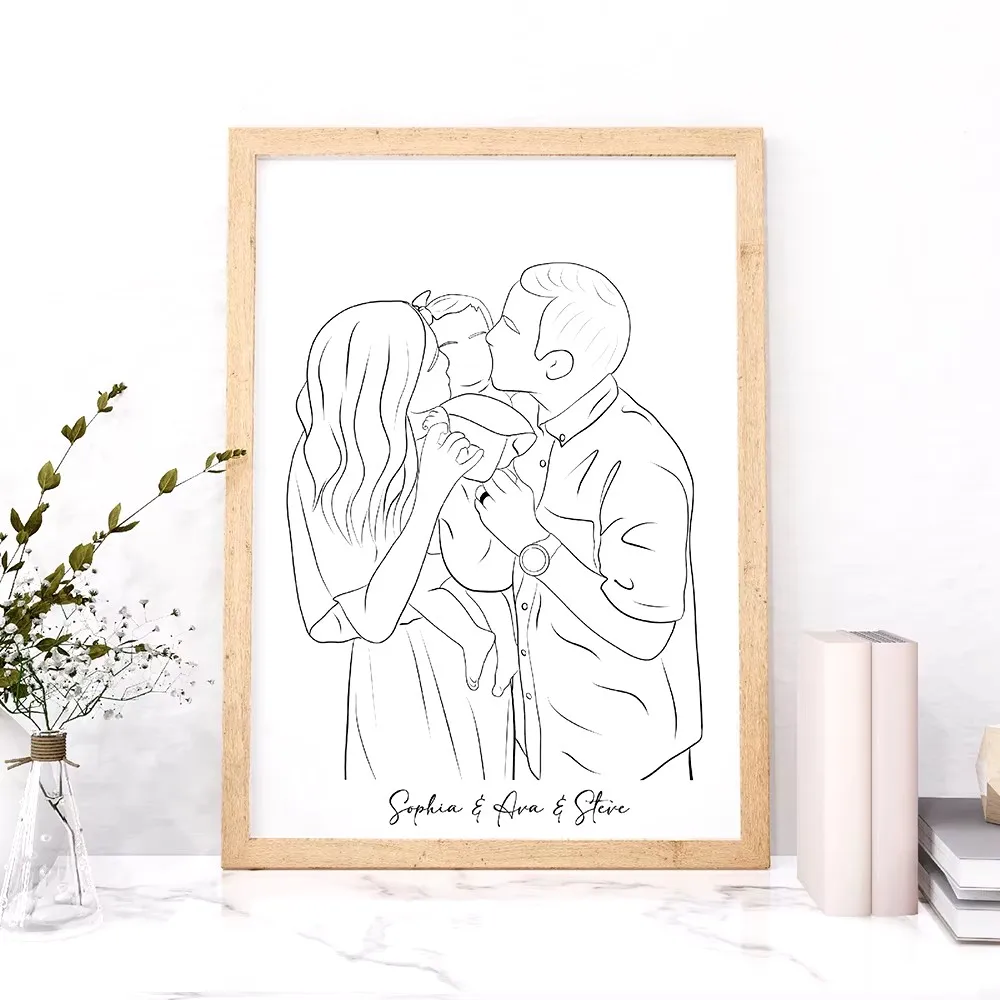 Personalized gift hand drawn line drawing for a family of three,pet couple photo,anniversary birthday gift bedroom decoration