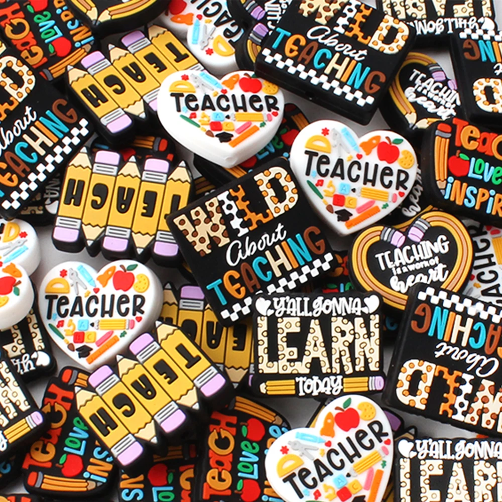 5/20/50 قطعة موضوع يوم المعلم سيليكون الخرز لصنع المجوهرات العودة إلى موسم المدرسة تصاميم الخرز البؤري KeysChain لتقوم بها بنفسك القلم