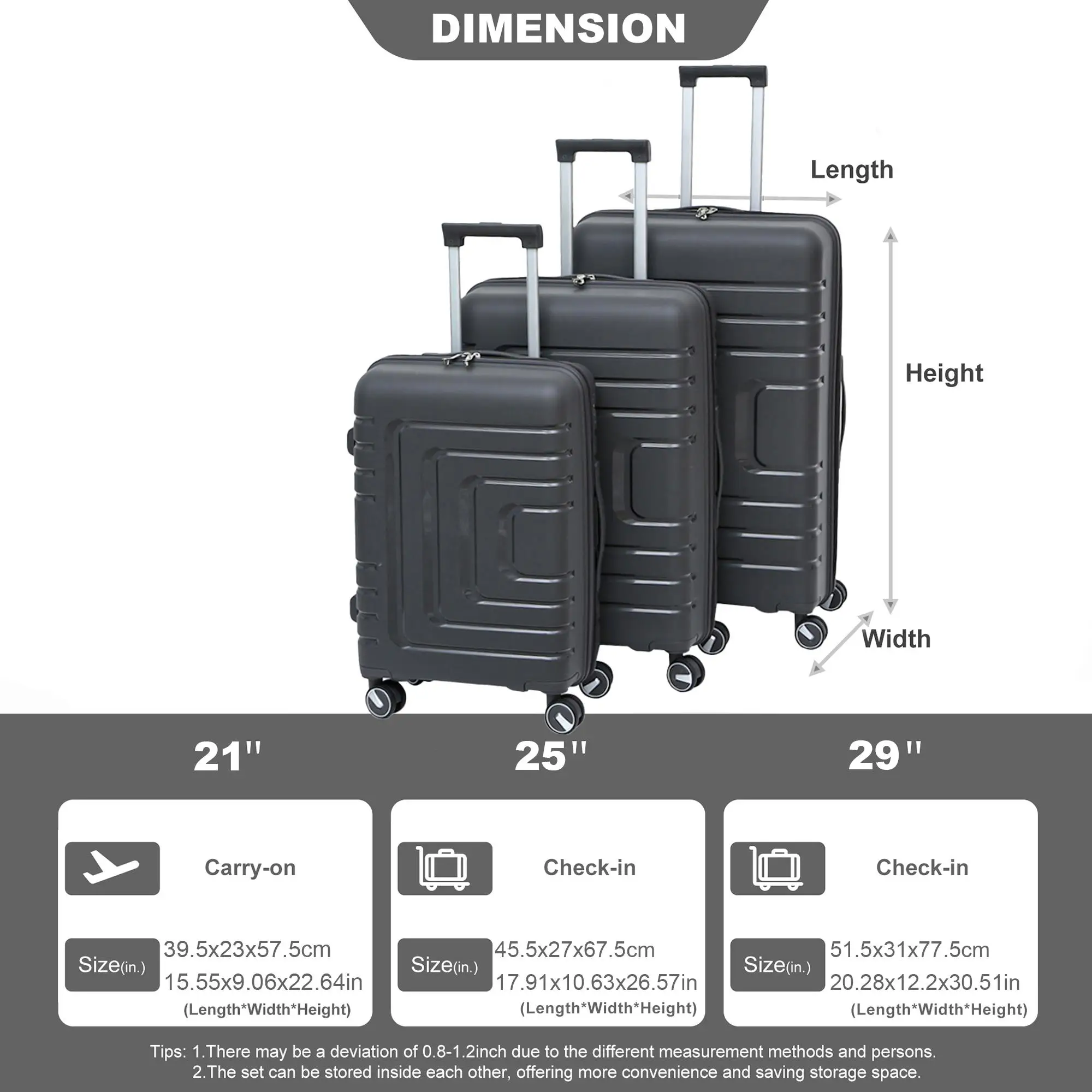 Hardshell Suitcase Spinner Wheels PP Luggage Sets Lightweight Durable Suitcase with TSA Lock,3-Piece Set (20/24/28)Dark Gray2305