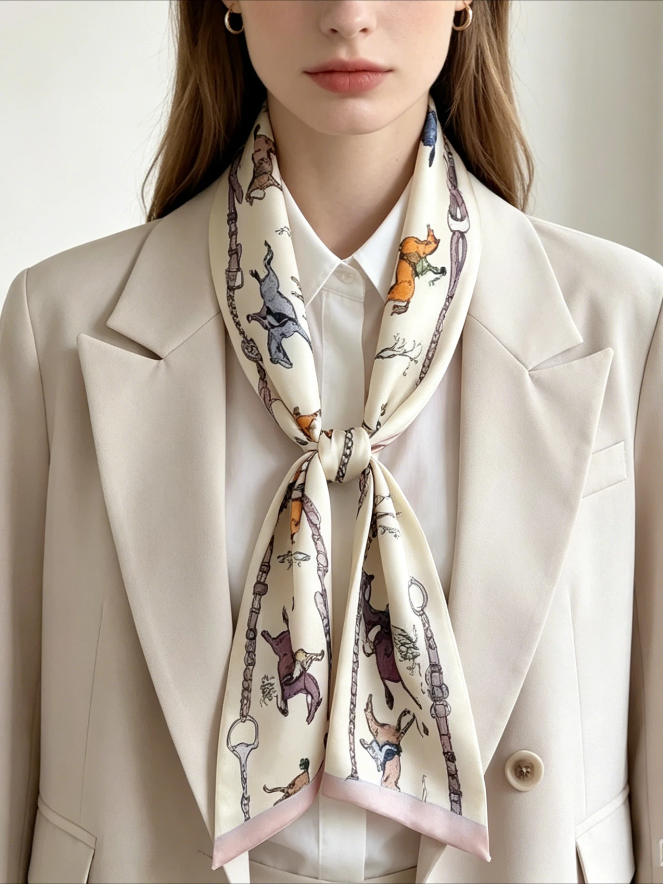 1 piece retro horse belt printed long silk scarf women's beige satin thin narrow scarf versatile suit shirt decorative streamer