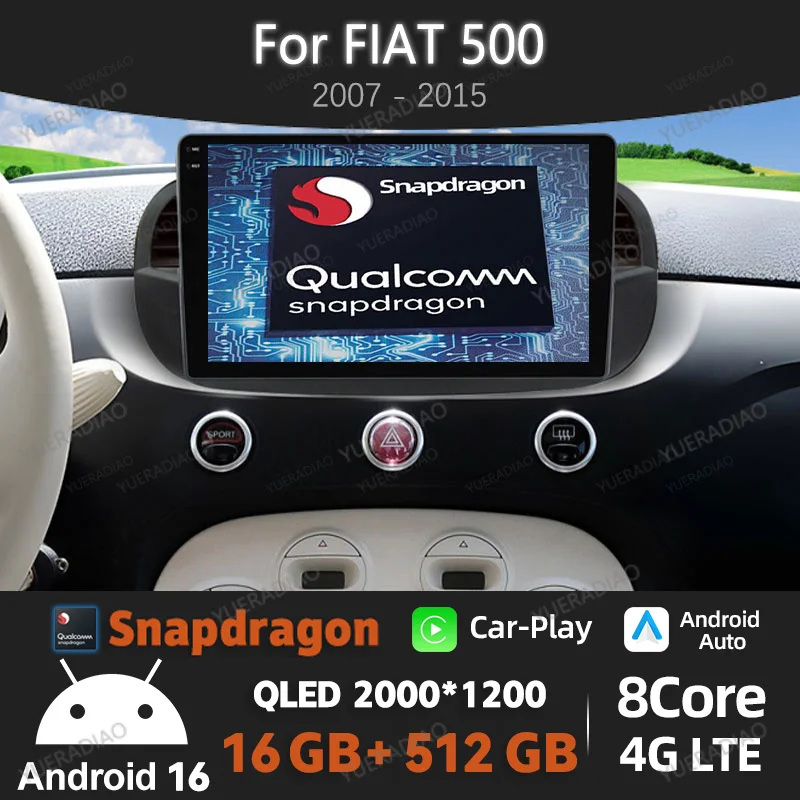 Android 16 Car Radio For FIAT 500 2007 - 2015 Qualcomm 2DIN Multimedia Stereo Video Player 4G WIFI QLED BT GPS NAVI Head Unit