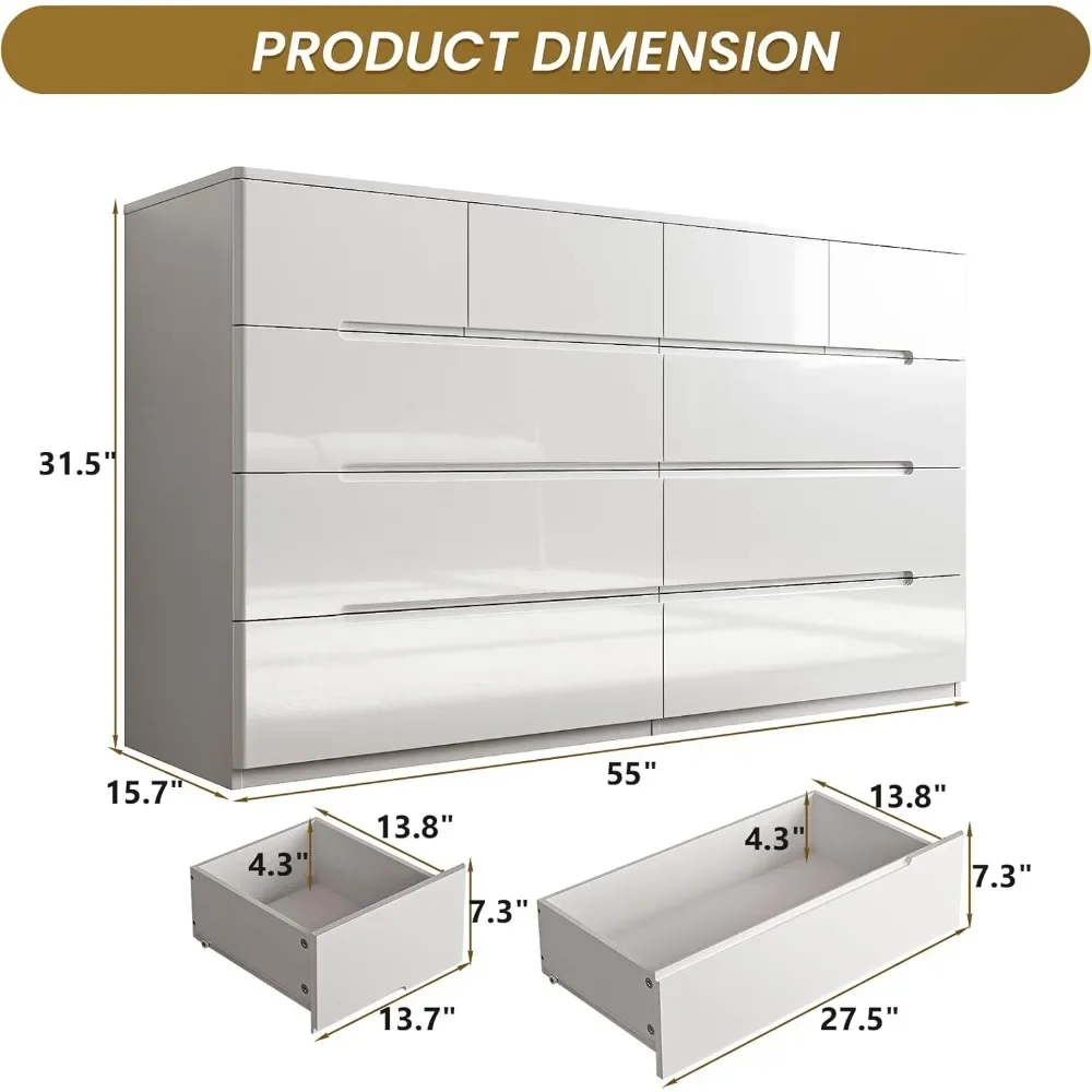 10 Drawer Dresser,White Dresser for Bedroom,High Gloss Modern Dresser & Chest of Drawers, 55