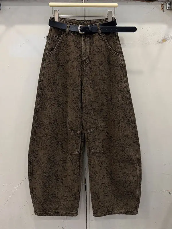 

Джинсы с высокой талией в американском стиле, женские, больших размеров, с эффектом похудения, свободные, широкие штанины, с цветочной вышивкой, повседневные