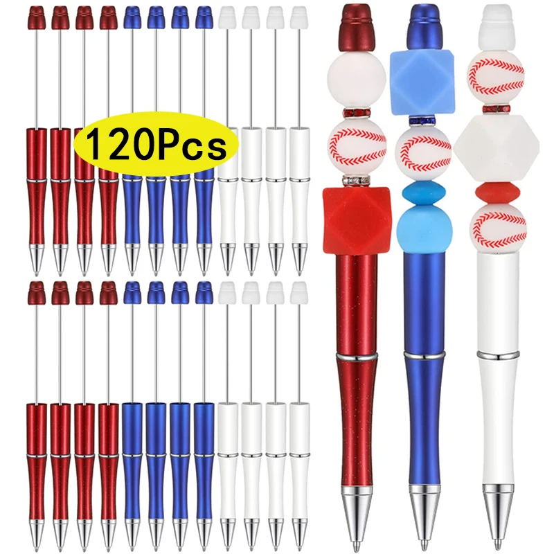 120Pcs Beadable Pens Plastic Beaded Pens Black Ink Bead Ballpoint Pens for DIY Making Present Office Students