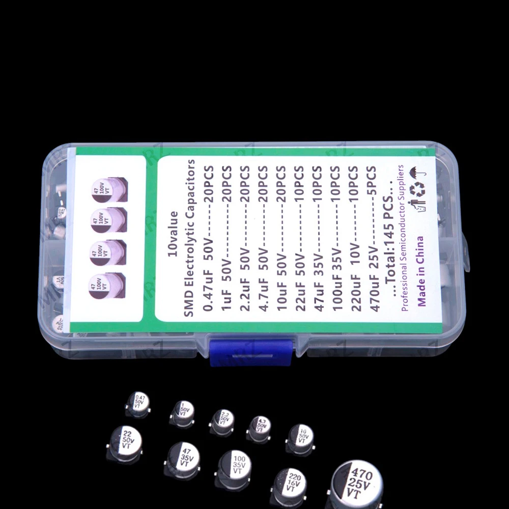 10Values 0.47UF-22UF 222UF 145PCS SMD Aluminum Electrolytic Capacitor Kit 0.47UF 1UF 2.2UF 4.7UF 10UF 50V