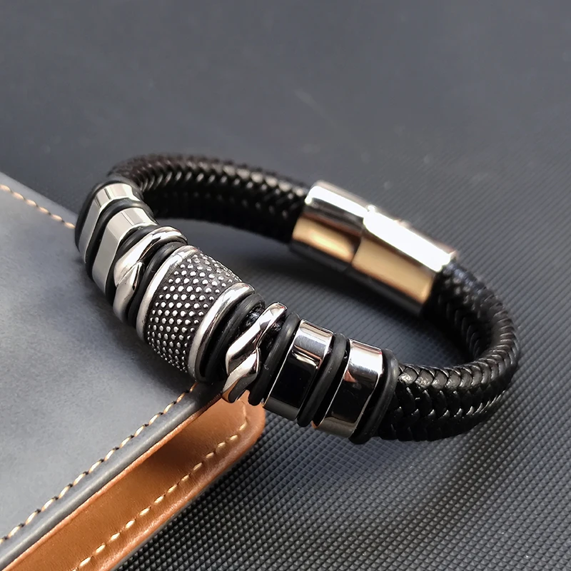 Punk Men Bracelet Leather Bracelet Stainless Steel Clasp Magnet Atmosphere Trendy Bracelet Brangle Jewelry for Men Sales