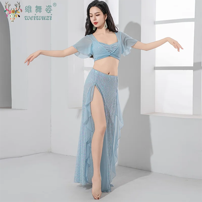 Costume de danseuse du ventre élégant pour femmes, haut à manches Lotus + jupe longue à paillettes, vêtements d'entraînement de danse orientale de luxe légers pour adultes