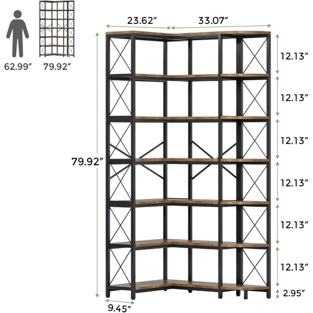 Estante de canto reversível de 7 prateleiras, estante alta industrial moderna, prateleira de armazenamento grande em forma de L de 7 camadas com metal