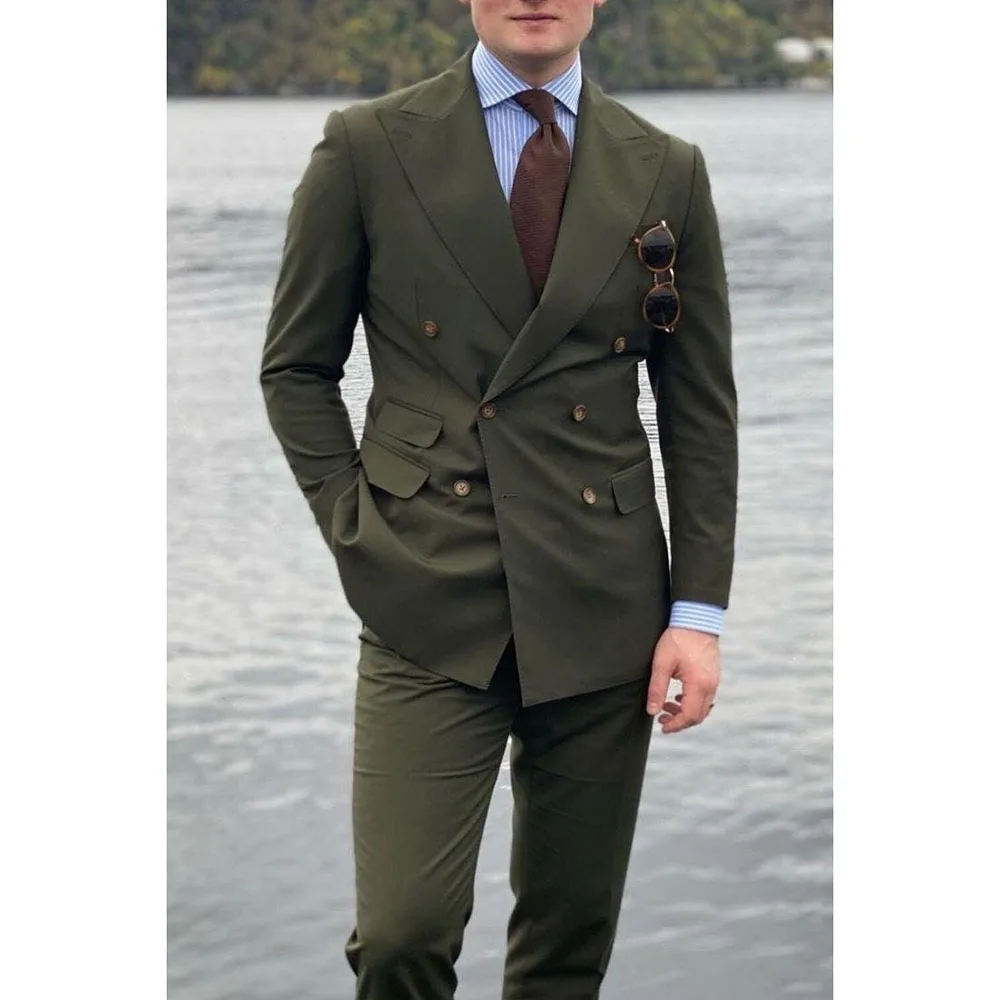 

Elegant Green Men Suits Formal Double Breasted Peak Lapel Regular Length Slim Fit Blazer 2 Piece Jacket Pants Full Sets 2024