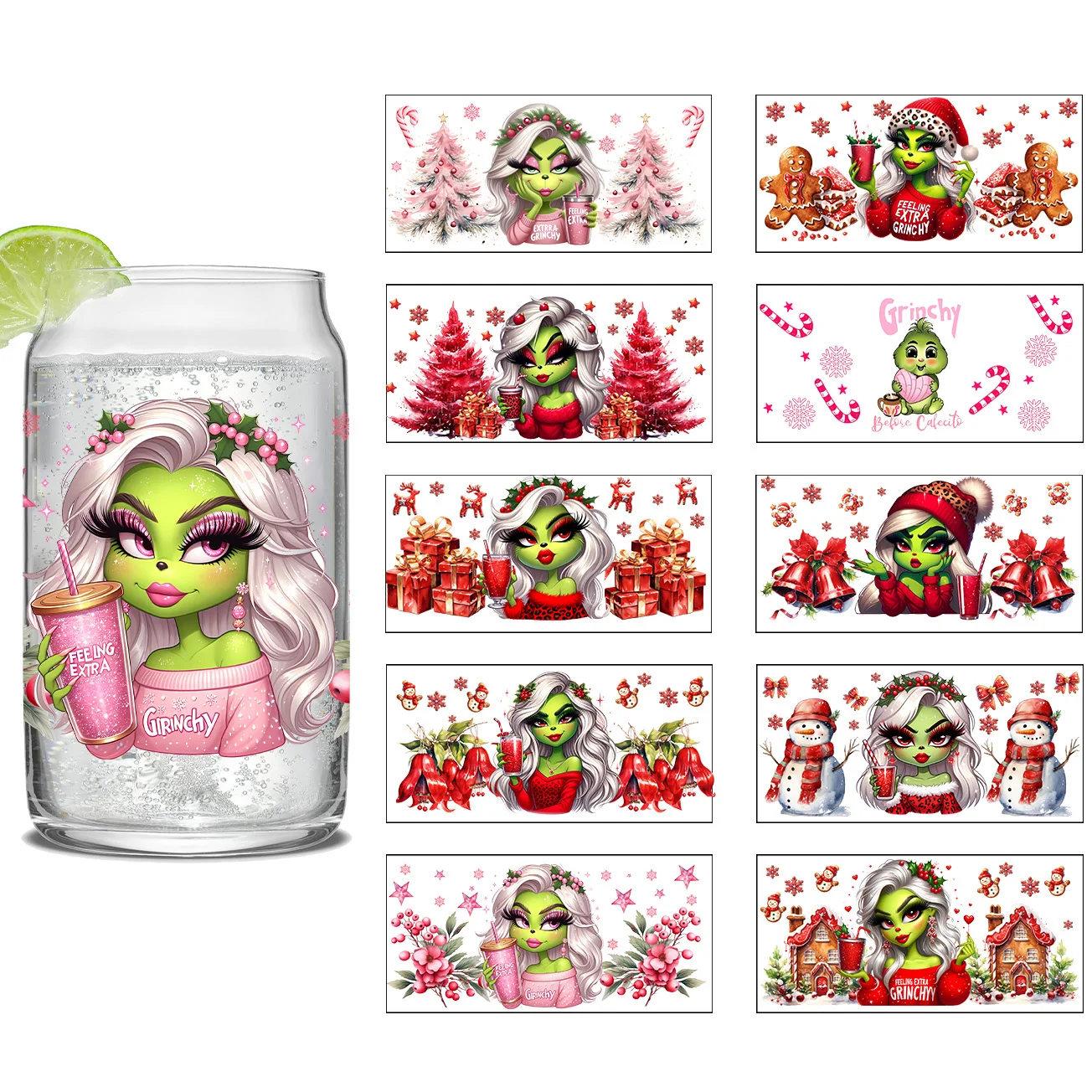 Green series Easy peel waterproof DIY Decals 3D transfers uvdtf crystal stickers 16oz uv dtf cup wraps for Glass