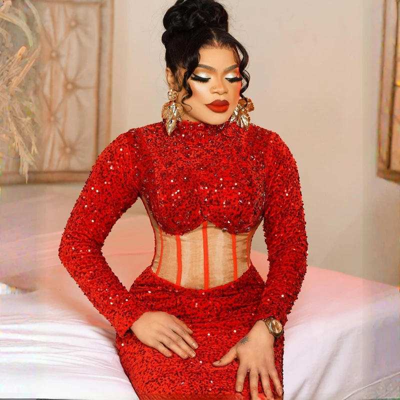 Robe de Soirée Rouge à Paillettes pour Femme, Tenue de Bal, Col Haut, Manches sulf, Grande Taille, ixd'Anniversaire