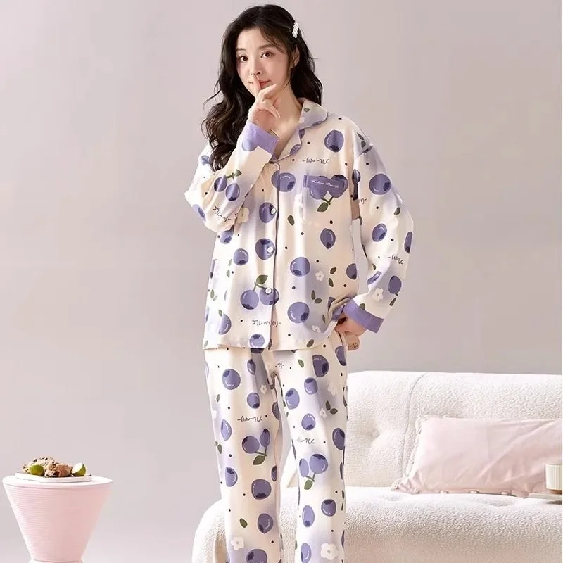 Padded Pajamas Spring Autumn Women Long Sleeve Pure Cotton Nightclothes Suit Female Sweet Loose Casual Single Breasted Homewear
