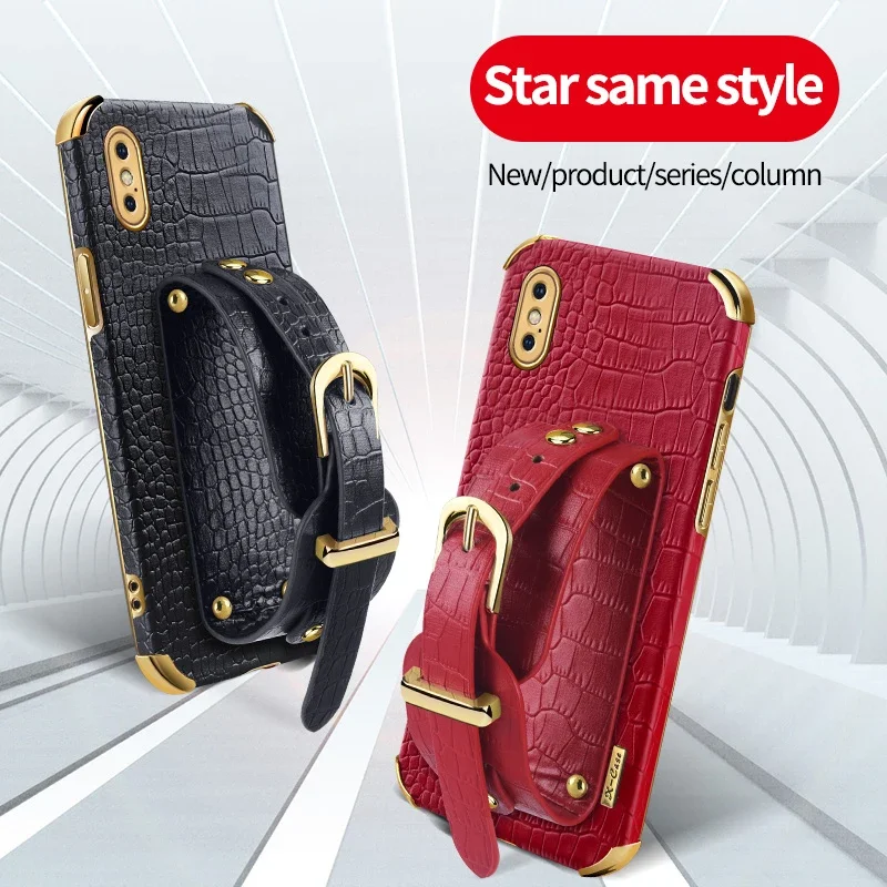 Wristband Wrist Strap Crocodile PU Leather Soft Phone Case For IPhone XS Max X XR Anti-Drop Holder Stand Cover Silicone Cases