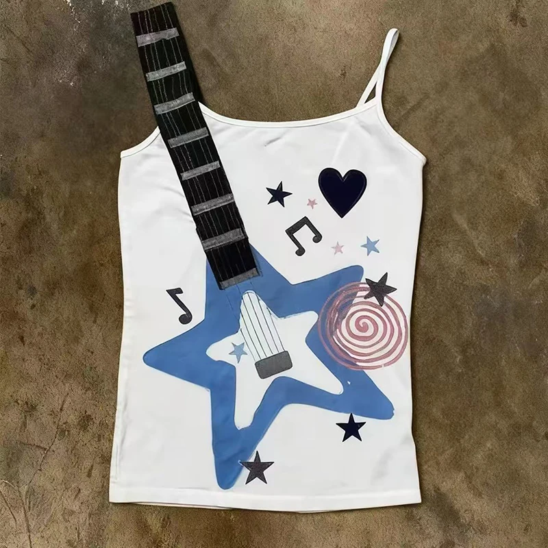 Camiseta sin mangas Y2K estilo punk rock con estampado de guitarra vintage, tirantes finos, chaleco para mujer, ropa urbana hip hop, top ajustado con parches punk.