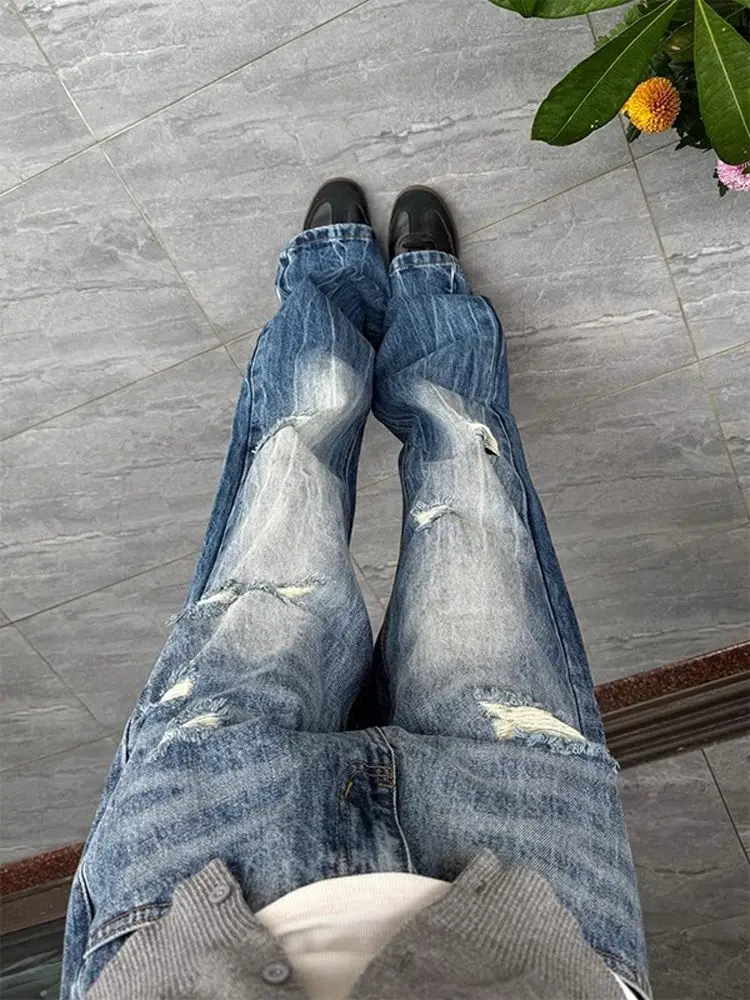 

F2OCUS Men's Ripped Denim Jeans Spring Season American Vibe Wide Leg Pants Youth Trendy Straight Cut Knife Design