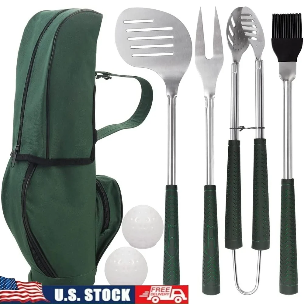 

7PCS Golf Style BBQ Tools Set Stainless Steel Grilling Accessories Rubber Handle Portable Grill Kit Outdoor Cooking Gift