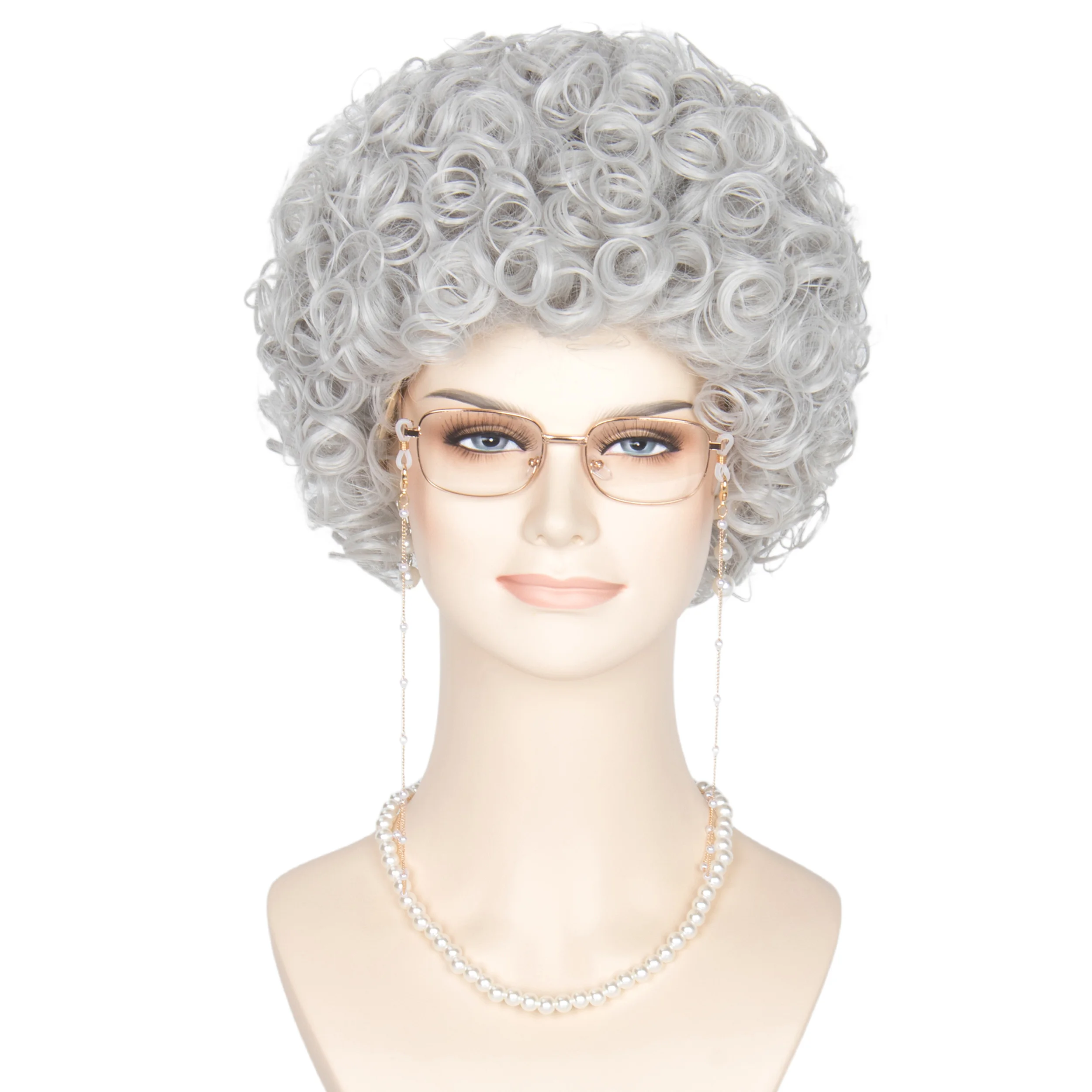 

Short Silver Gray Curly Wig With Glasses Necklace Earrings Glasses Chain For Granny Old Lady Grandmother 100th Day Of School