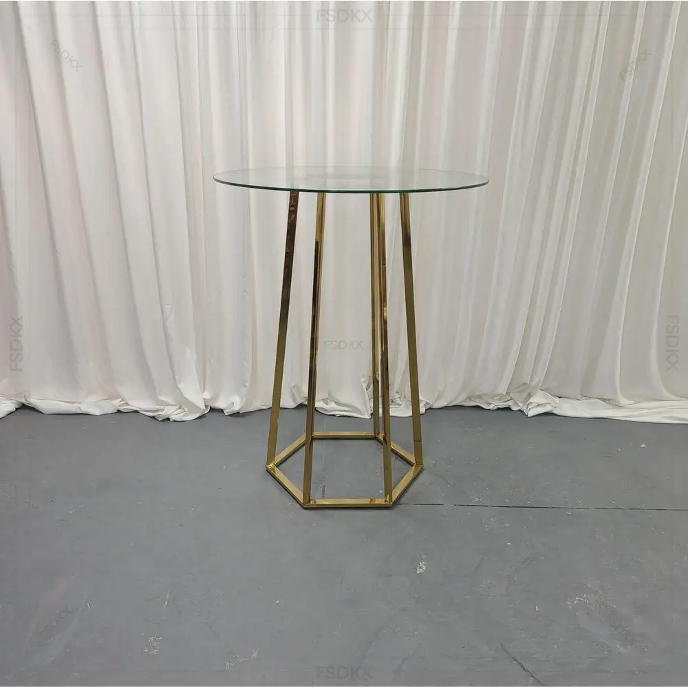 Hot Selling Gold Hexagonal Stainless Steel Frame Round Tempered Glass Top Wedding Cake Table for Banquet Party Event Decor