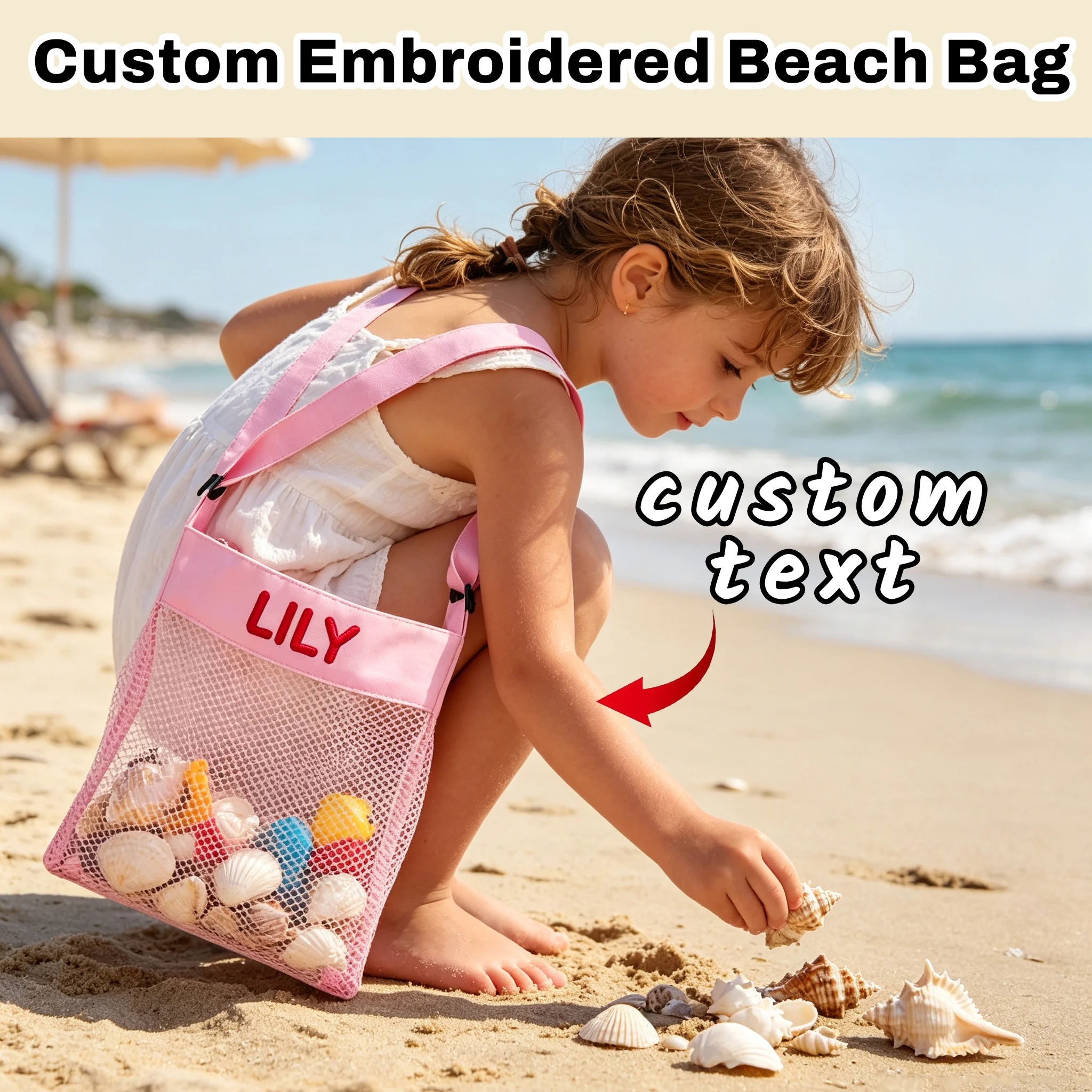 Custom Embroidered Kids Mesh Beach Bag, Personalized Name Adjustable Shoulder Tote Bag, Large Capacity Sand Toy Storage Bag for
