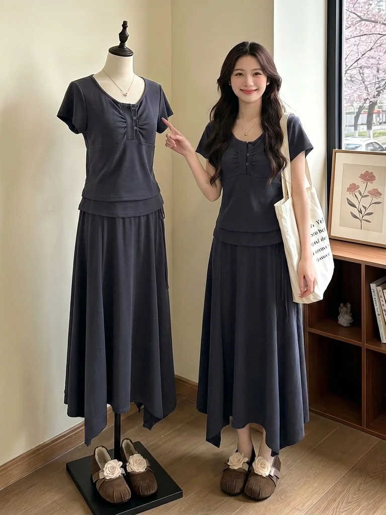 

plus Size Women's Summer Casual Short Sleeve Two-Piece Set Commute Style High Waist Long Skirt Fashionable plus Size Outfit