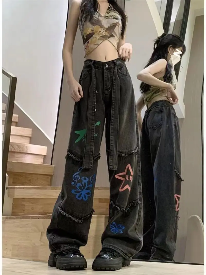 Tassel Printed High Waist Straight Jeans American Retro Streetwear Trousers Women\'S Casual Loose Wide Leg Denim Trousers