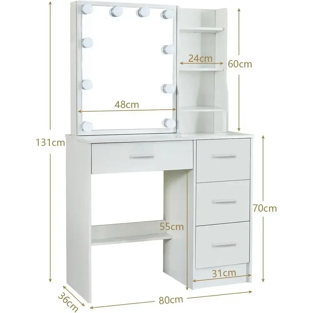 White Makeup Vanity Desk with Sliding Mirror, 3-Color Lighting, 4 Drawers & Open Shelves for Girls & Women