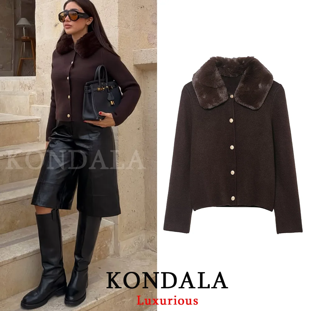 KONDALA Casual Chic Chocolate Brown Women Cardigans Gold Button Fur Collar Knit Sweater Fashion 2025 Autumn Winter Thick Outwear