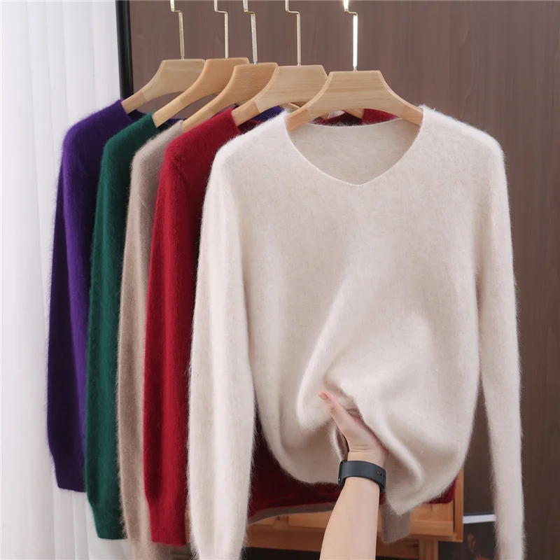 

100% Mink Cashmere Women Pullover V Neck Solid Color Sweater Autumn Winter Basic Inner Wear High Quality Clothing Soft Warm Tops