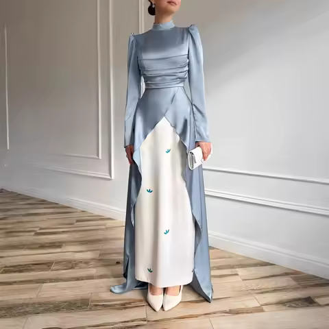 Designer Style Bodycon Gown, Color Block Train Evening Dress, Exclusive Chic Mermaid Maxi for Women