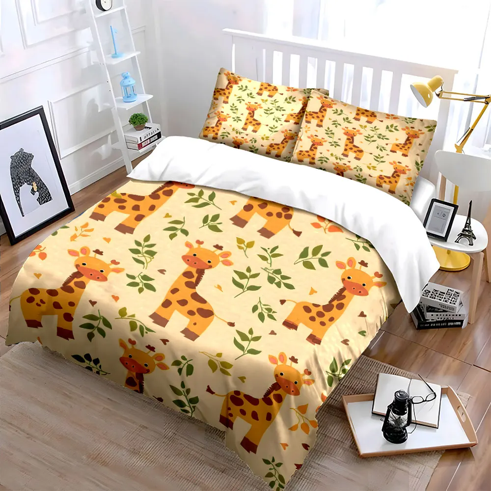 Cute giraffes with leafy background Printed Duvet Cover Set 1 Duvet Cover+2 Pillowcase Multi Size Bedroom Bedding Decor