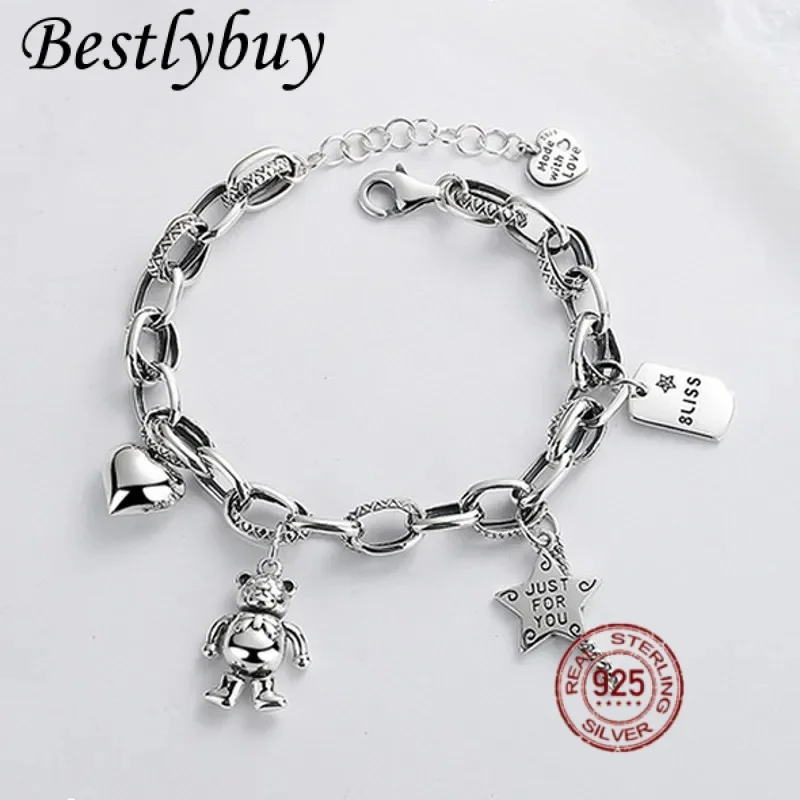 S925 sterling silver retro fashion star Heart Bear multi-element accessories splicing bracelet for women