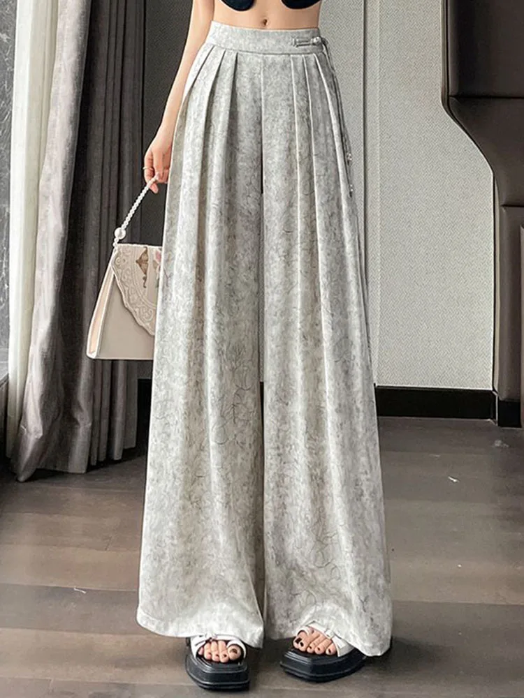 Chic Design Baggy Wide Leg Pants Women Casual Elastic High Waist Pantalones Korean Pleated Straight Spodnie Loose Trousers 2024