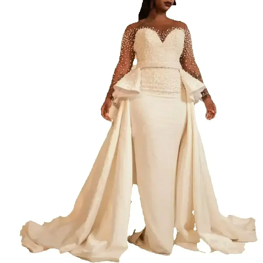 Customized Romantic Illusion Long Sleeves Wedding Dresses With Detachable Train Full Pearls Plus Size Bridal Gowns