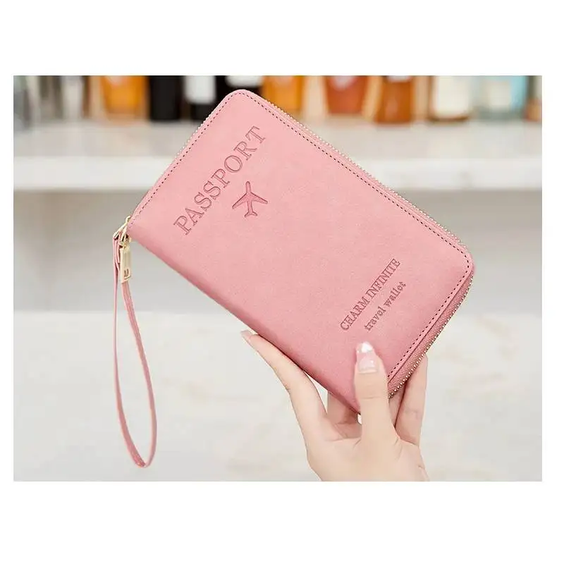 

Держатель для паспорта с блокировкой RFID, дорожный кожаный кошелек, сумка для кредитных карт, многофункциональный кошелек на молнии с ремешком на запястье