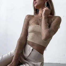 FestivalQueen Women's Sexy Bling Hollow Out Fishnet Grid T Shirt Full Sleeve Loose Women Luxury Diamonds Cover Up Beachwear Part