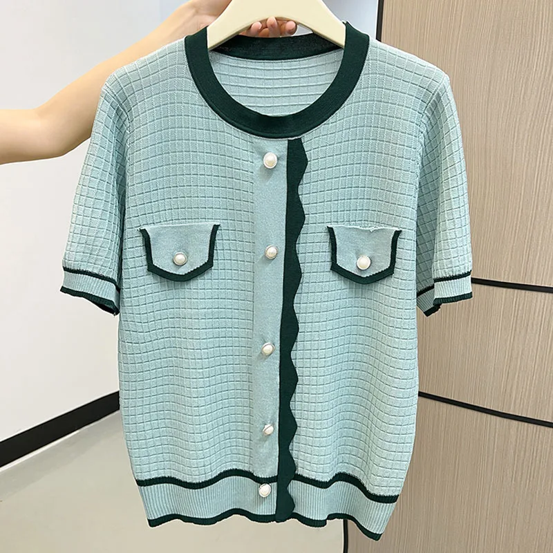 

Fashion Short Sleeve Patchwork Knitted Sweater Women Pullovers O-Neck Sweaters Knit Sweater Pullover Women Tops Knitwears Q2808