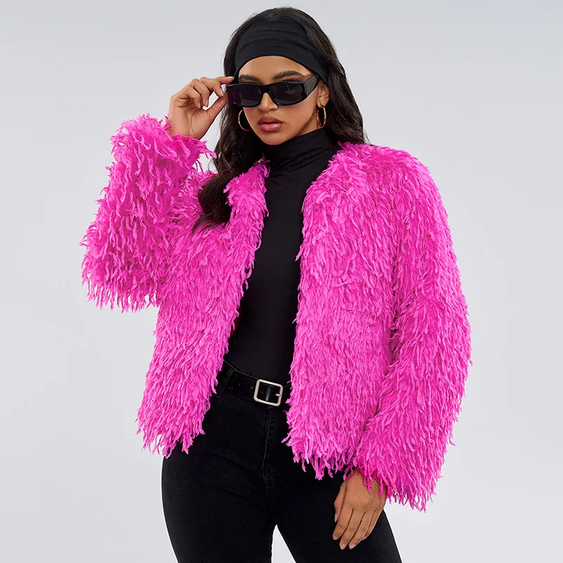 Pink Short Faux Fur Jacket Women Winter Plush Coat Long Sleeves Streetwear Artificial Fluffy Jacket 2024 New Warm Teddy Overcoat