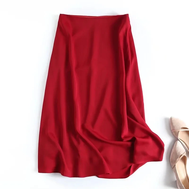 Withered Spring Midi Skirt Women England Style Fashion Simple High Waist A-lineFaldas 2022 New Fashion Satin Long Skirts Womens