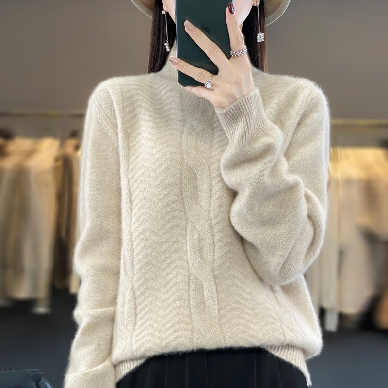 

% Merino Wool Cashmere Sweater For Women, Semi-high-necked Long-sleeved Pullover, Autumn And Winter Pullover, Thick