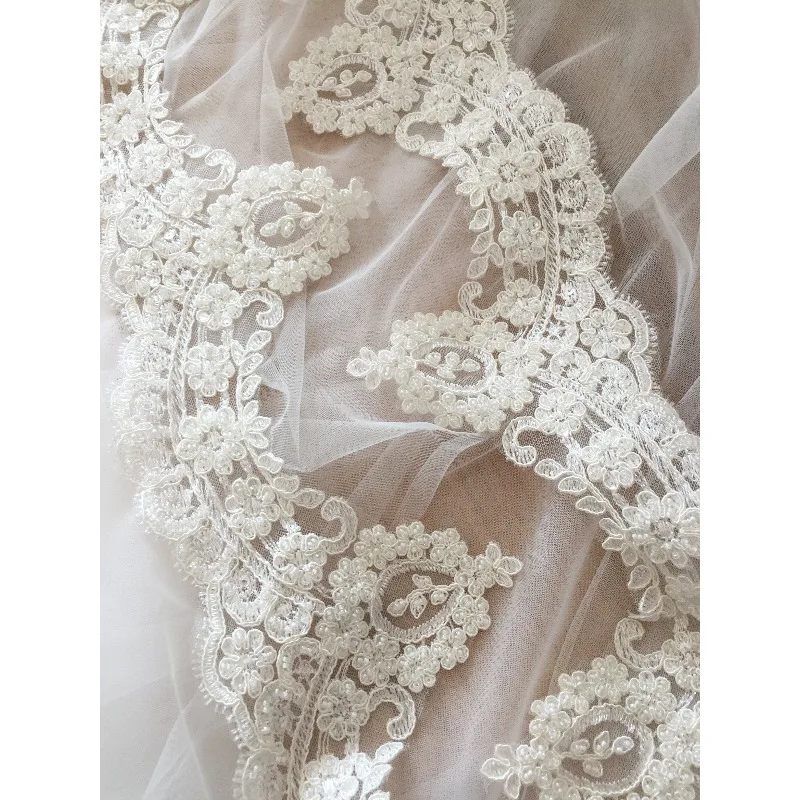 3-yard Overseas Order High-end Luxury Beaded Carved Lace Trim for Wedding Dresses and Veils about 14cm Wide Ivory white
